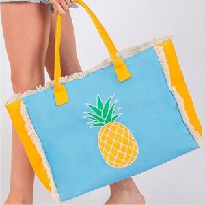 Yellow Pineapple & Turquoise Blue Embroidered Fringe Trim 17.5" Tote Beach Bag